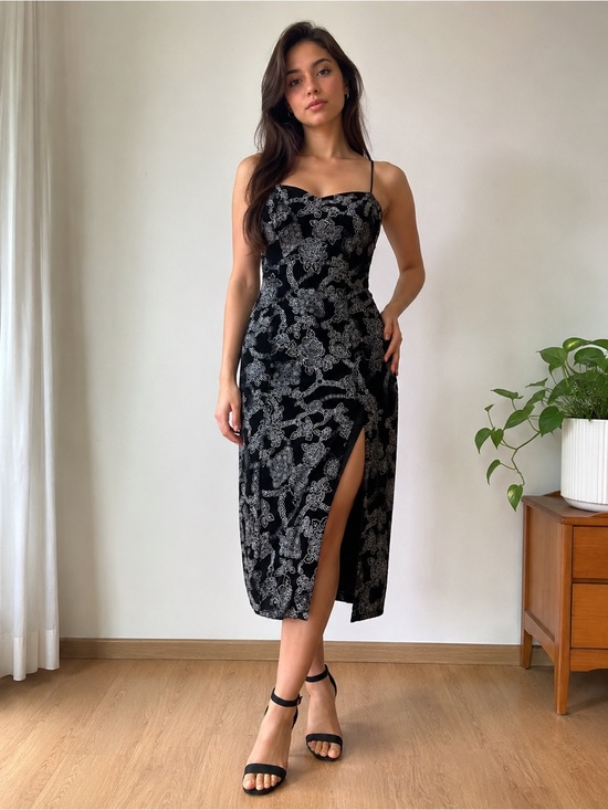 dramatix Dresses & Skirts - Vintage 90s floral midi dress Black with silver floral velvet-style pattern S